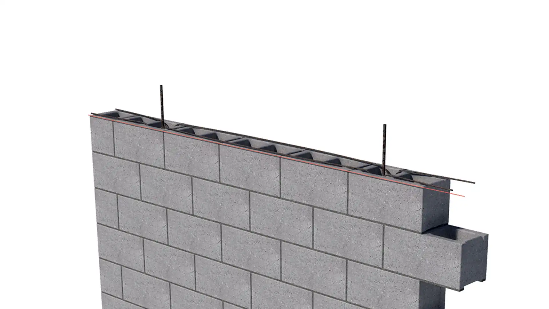 Muro de bloques con refuerzos de acero verticales y línea de nivel