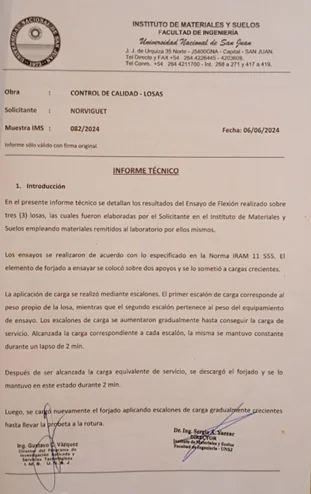 Informe técnico del Instituto de Materiales y Suelos — Universidad Nacional de San Juan